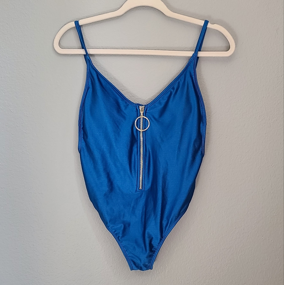 Metallic Shiney Royal Blue Cheeky High Leg One Piece Swimsuit